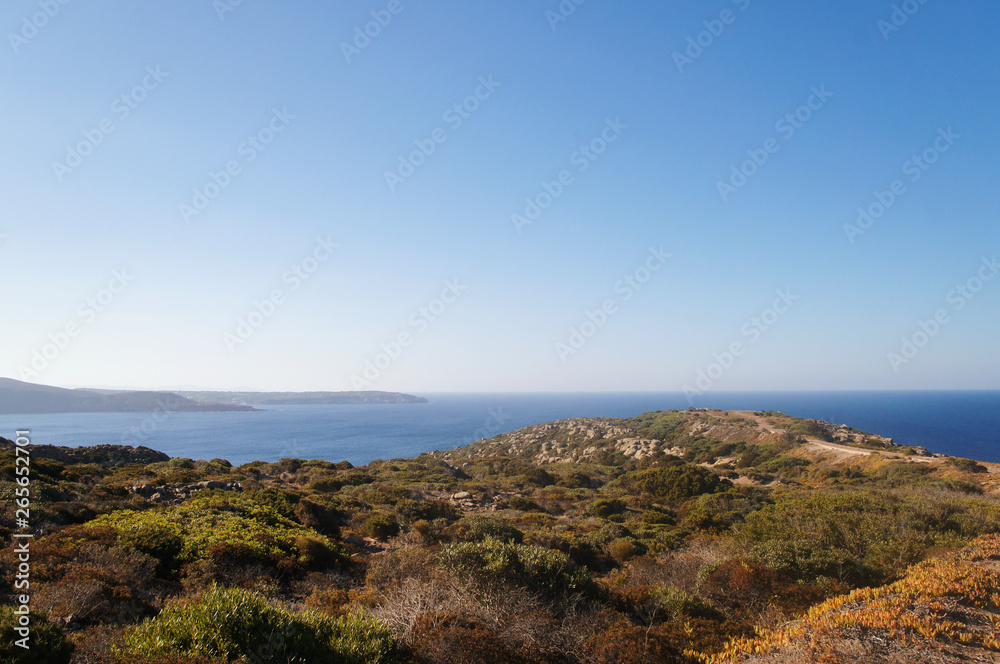 View of the blue azure sea lagoon gulf of the ocean. Summer heat nature on the southern island of the mountain rocks stones.