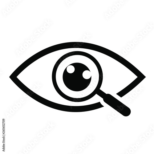 Magnifier with eye outline icon. Find icon, investigate concept symbol. Eye with magnifying glass. Appearance, aspect, look, view, creative vision icon