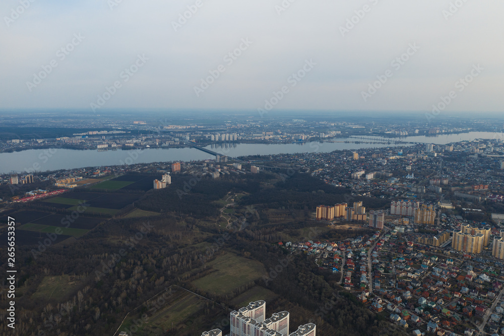 Summer evening in Voronezh city, aerial panorama from drone