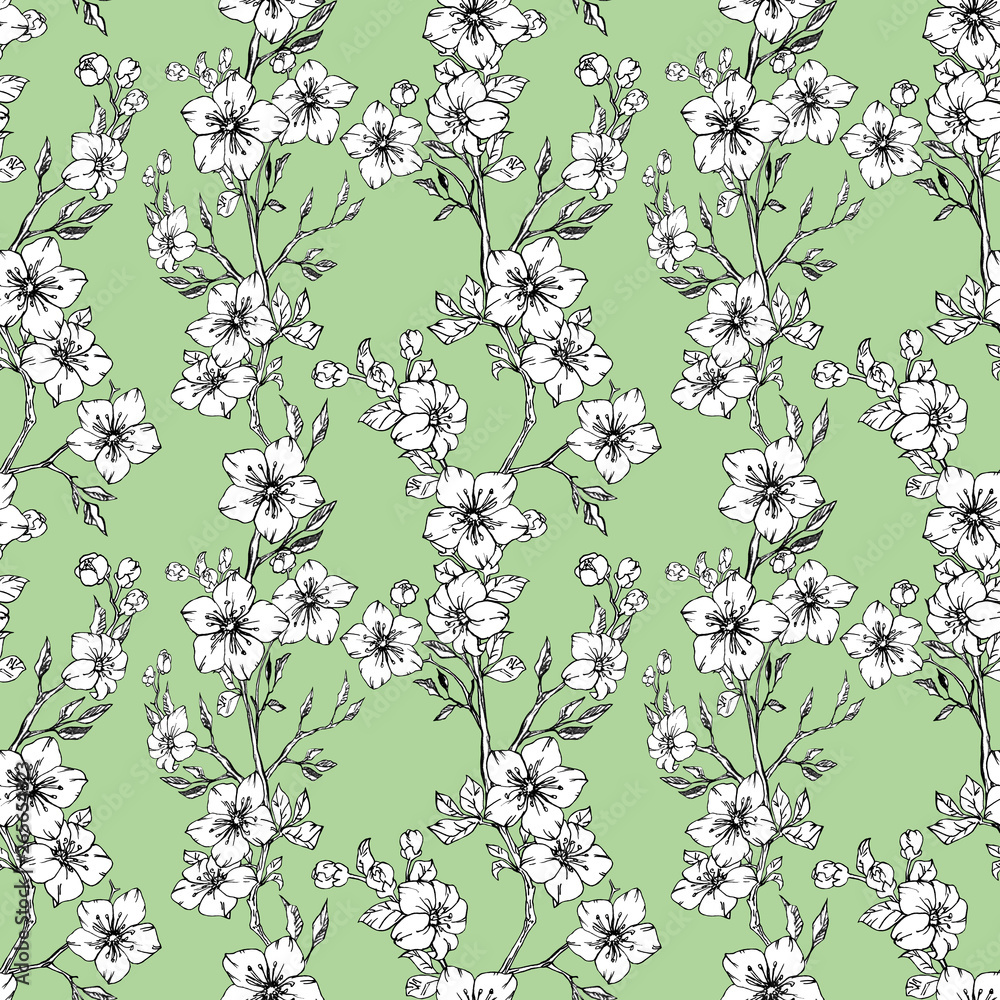 Hand drawn botanical seamless pattern of branches, leaves and flowers for background, wallpaper, fabric
