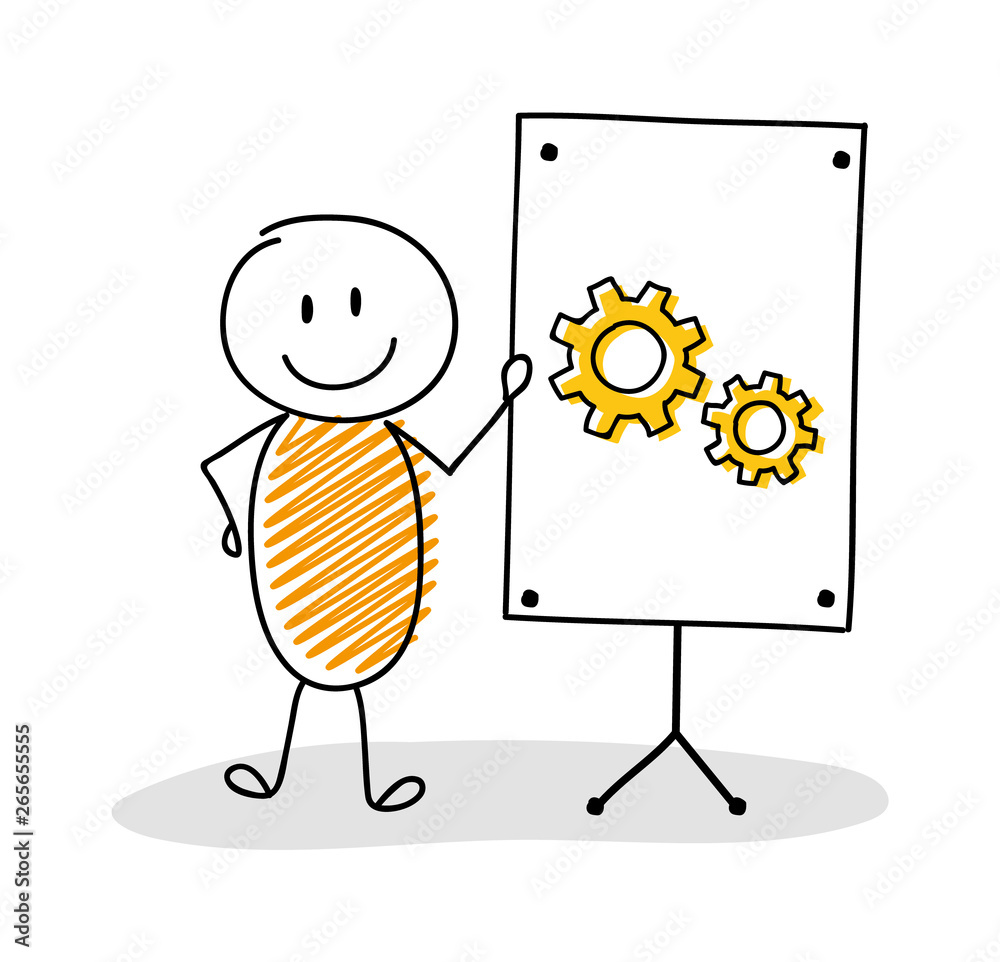 Business cartoon person with whiteboard and cog - wheel icon. Vector Business cartoon person with whiteboard and cog - wheel icon. Vector