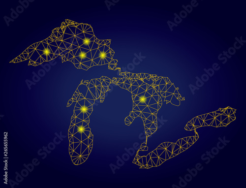 Yellow mesh vector Great Lakes map with glare effect on a dark blue gradiented background. Abstract lines, light spots and dots form Great Lakes map constellation.