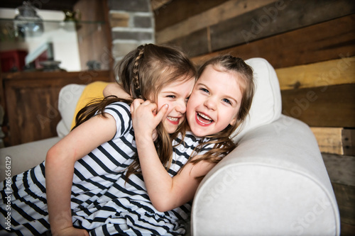 Happy twins embracing each other in the living room