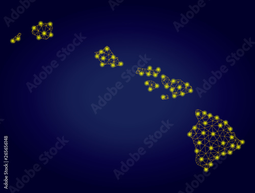 Yellow mesh vector Hawaiian Islands map with glare effect on a dark blue gradiented background. Abstract lines, light spots and circle dots form Hawaiian Islands map constellation.