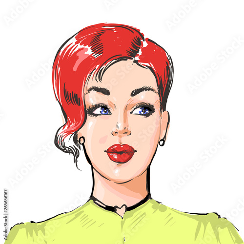 Woman with short hairstyle, young beautiful stylish girl with red hair and bright make up