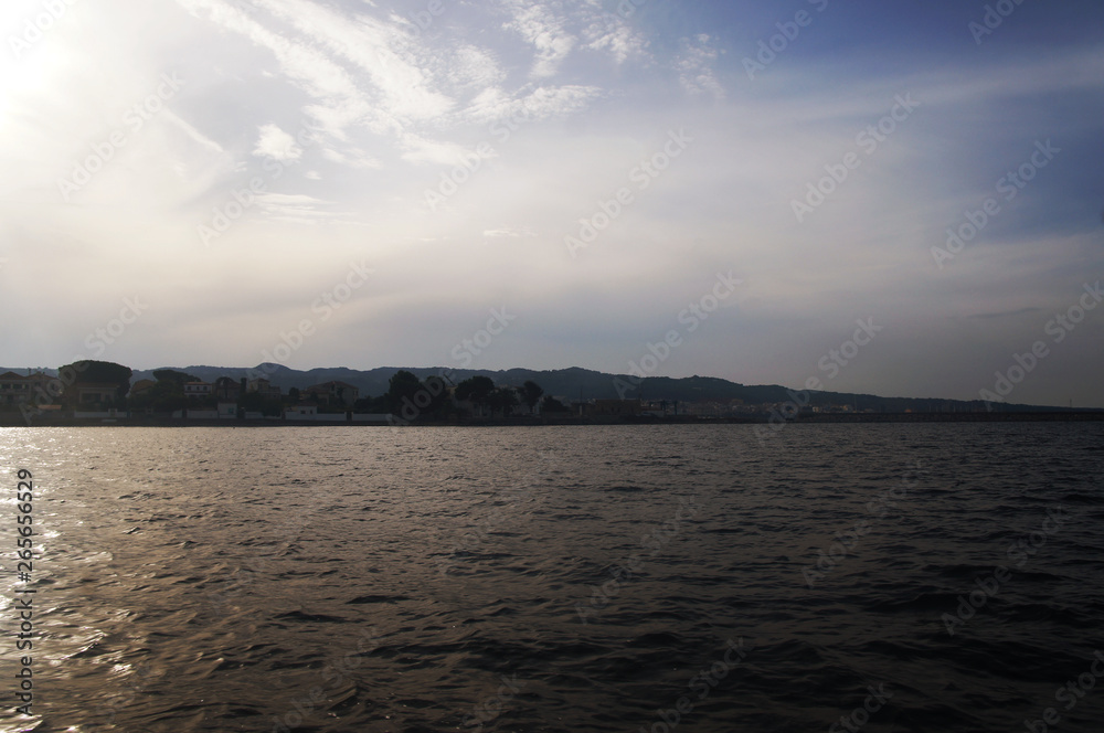 View from the sea to the shore and cliffs.