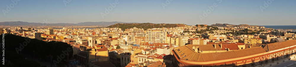 Panorama cityscape view from above on the old medieval European Italian city with red roofs in the summer in the sun.