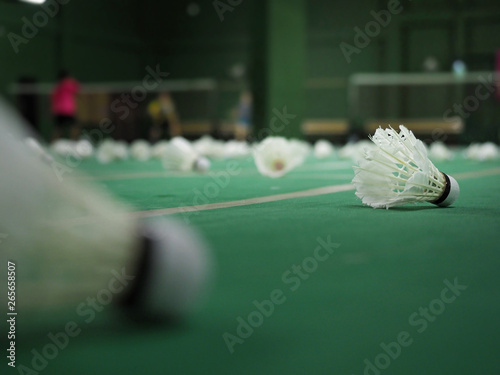 Closeup of badminton shuttlecock on the badmnton cort floor with blur people playing in the background. Selected focus. photo