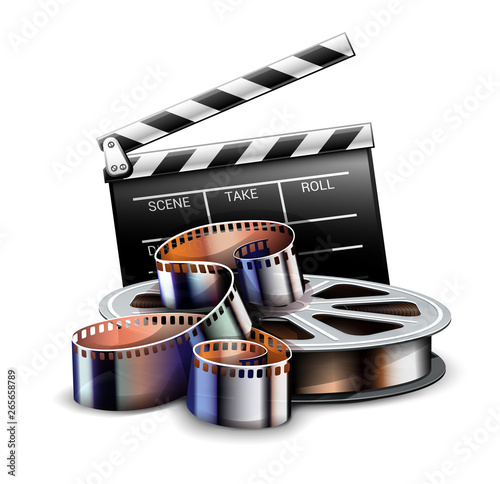 Online cinema art movie poster design with director film production clapper and film-strip reel tape icon. Cinematography concept. Vector illustration.