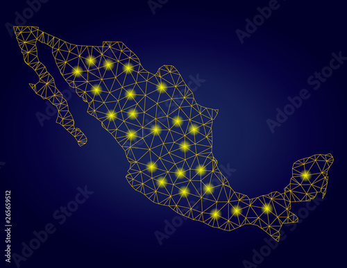 Yellow mesh vector Mexico map with glow effect on a dark blue gradiented background. Abstract lines, light spots and dots form Mexico map constellation.