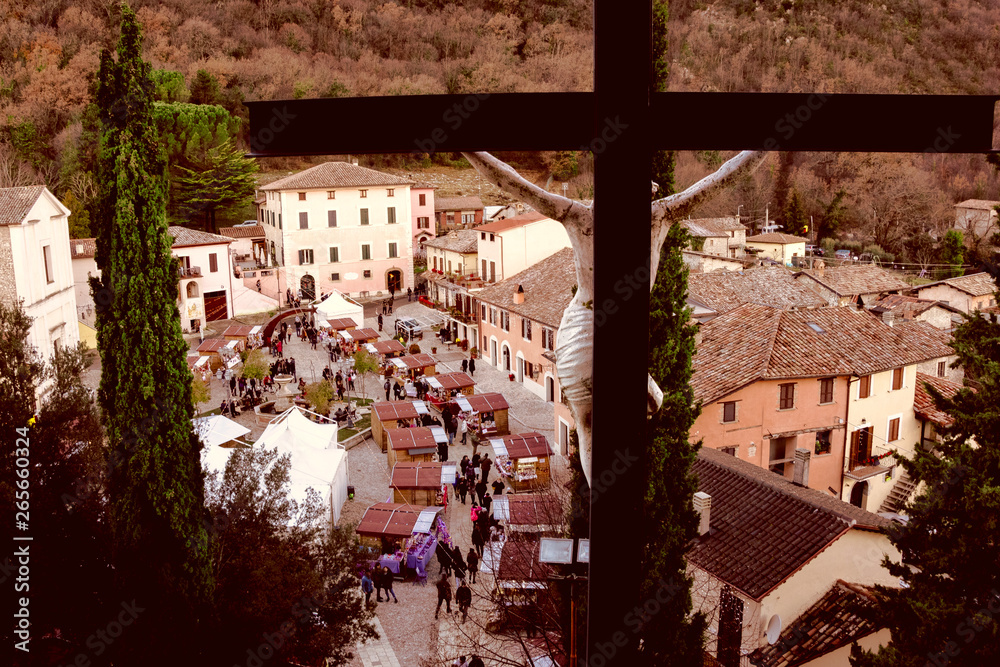 Panoramic view of the town of Gubbio (Italy) photographed from the church on the hill with the Crucifix from the back