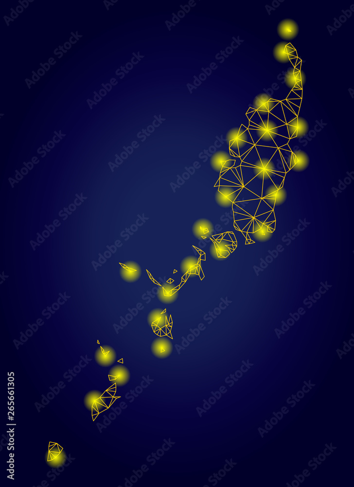 Yellow mesh vector Palau map with glare effect on a dark blue gradiented background. Abstract lines, light spots and circle dots form Palau map constellation.