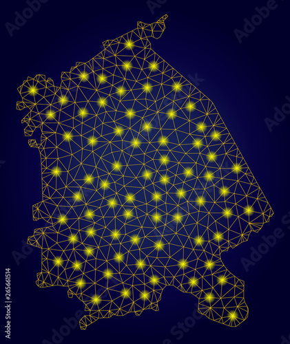 Yellow mesh vector Pavlodar Region map with glare effect on a dark blue gradiented background. Abstract lines, light spots and dots form Pavlodar Region map constellation. photo