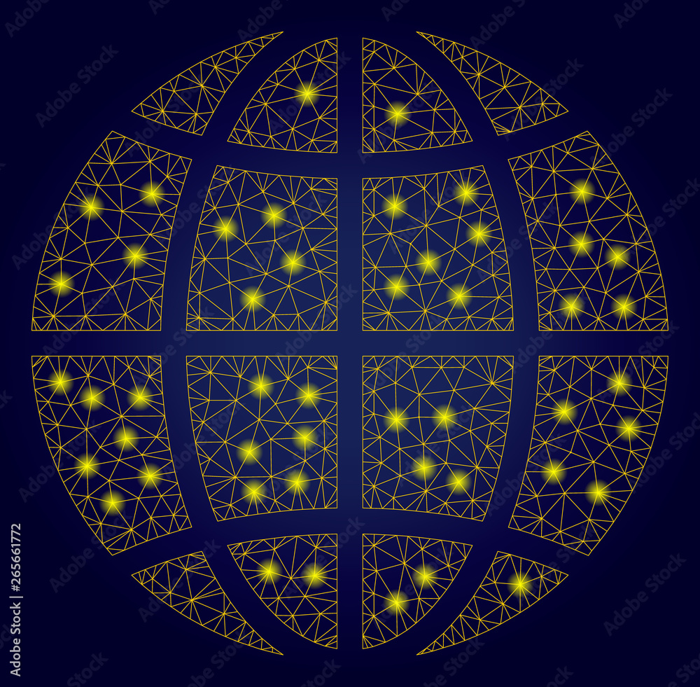 Yellow mesh vector planet globe with flare effect on a dark blue gradiented background. Abstract lines, light spots and points form planet globe constellation.