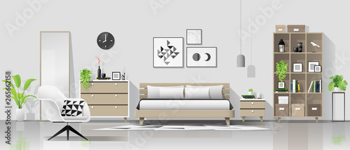 Interior background with modern cozy bedroom , vector , illustration