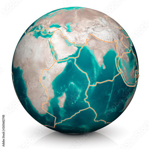 Tectonic plates move constantly, making new areas of ocean floor, building mountains, causing earthquakes, and creating volcanoes. 3d rendering. Map. Element of this image are furnished by Nasa