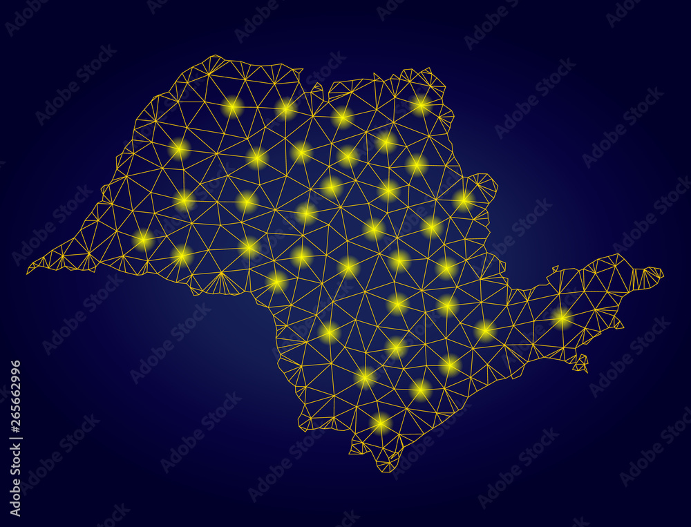 Obraz premium Yellow mesh vector Sao Paulo State map with glitter effect on a dark blue gradiented background. Abstract lines, light spots and circle dots form Sao Paulo State map constellation.