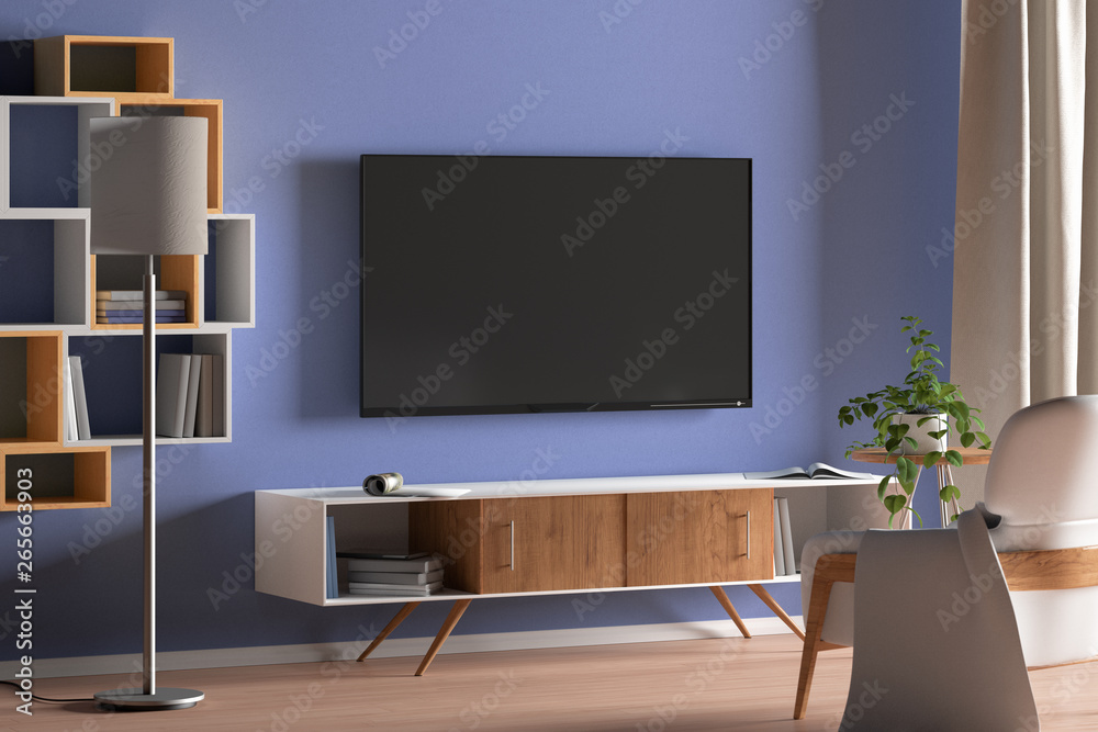 TV screen on the blue wall in modern living room TV screen on the blue wall in modern living room