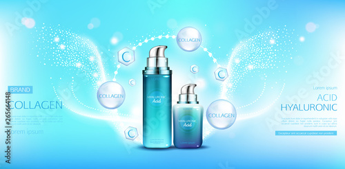 Hyaluronic acid collagen cosmetics packages mock up. Beauty moisturize skin cosmetic products bottles on blue background with molecules and space for name brand, promo Realistic 3d vector illustration