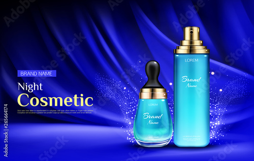 Night cosmetic beauty serum bottles with pipette and pump, mockup on dark blue silk draped fabric background, space for name brand. Cosmetics promo banner template. Realistic 3d vector illustration