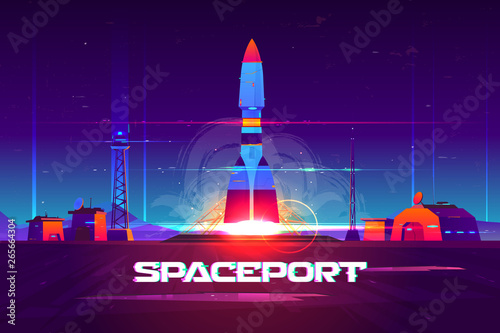 Fototapeta Naklejka Na Ścianę i Meble -  Future extraterrestrial spaceport cartoon vector banner. Heavy rocker carrier taking off from launching pad, rocketship start in night sky illustration. Space exploration, commercial starship flight
