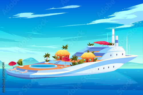 Future yacht, cruise ship or liner, luxury floating hotel with swimming pool, bungalow houses, palm trees and lounge chairs on deck sailing in ocean or tropical sea waters cartoon vector illustration