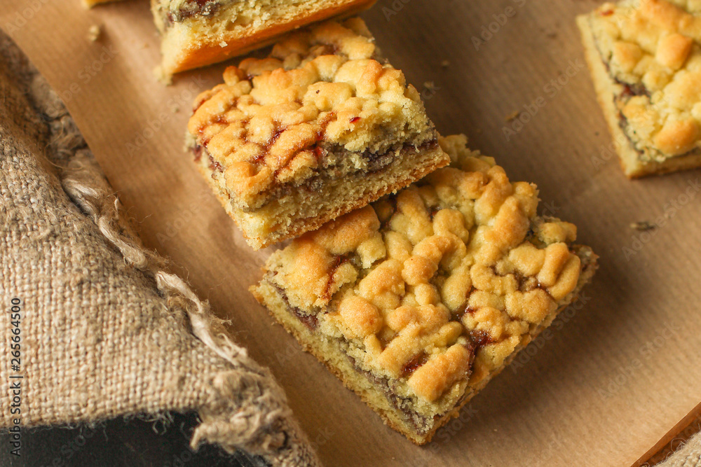 cake with Streusel, jam and crunch. top view. food background cake with Streusel, jam and crunch. top view. food background