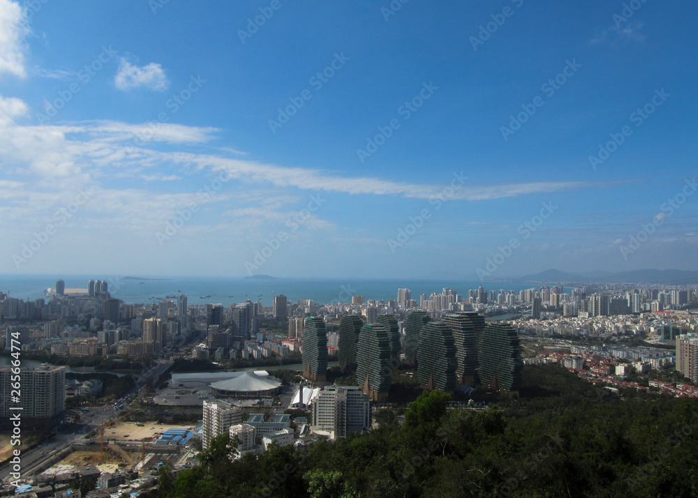 China, Hainan Province, overlooking the city of Sanya, in the foreground The Beauty Crown Grand Tree Hotel. Horizontal photo