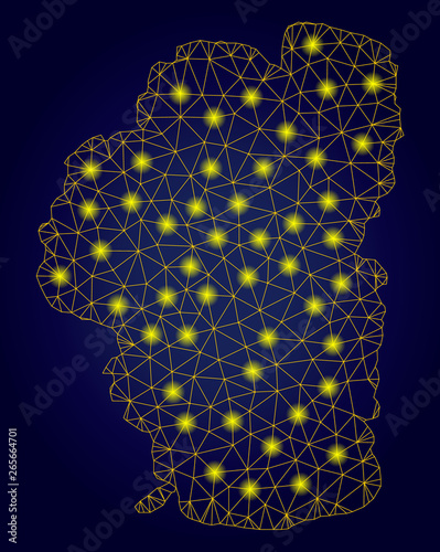 Yellow mesh vector Tahoe Lake map with glare effect on a dark blue gradiented background. Abstract lines, light spots and small circles form Tahoe Lake map constellation.