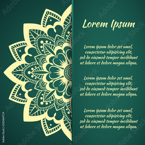 Circular frame card for congratulations for wedding invitations, Valentine's Day, birthday, holiday, gratitude, love confession. Vector green background with mandala drawing. eps10