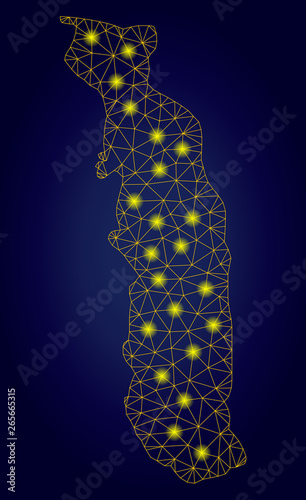 Yellow mesh vector Togo map with glow effect on a dark blue gradiented background. Abstract lines, light spots and small circles form Togo map constellation.
