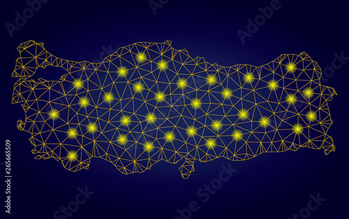 Yellow mesh vector Turkey map with glare effect on a dark blue gradiented background. Abstract lines, light spots and circle dots form Turkey map constellation.