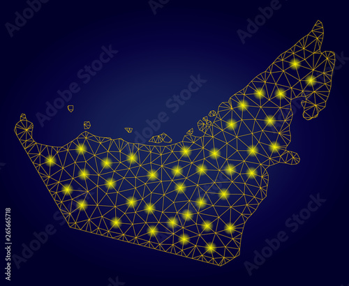 Yellow mesh vector United Arab Emirates map with glare effect on a dark blue gradiented background. Abstract lines, light spots and spheric points form United Arab Emirates map constellation.