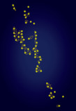 Yellow mesh vector Vanuatu Islands map with glare effect on a dark blue gradiented background. Abstract lines, light spots and spheric points form Vanuatu Islands map constellation.