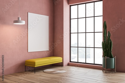 Pink living room interior, yellow bench and poster