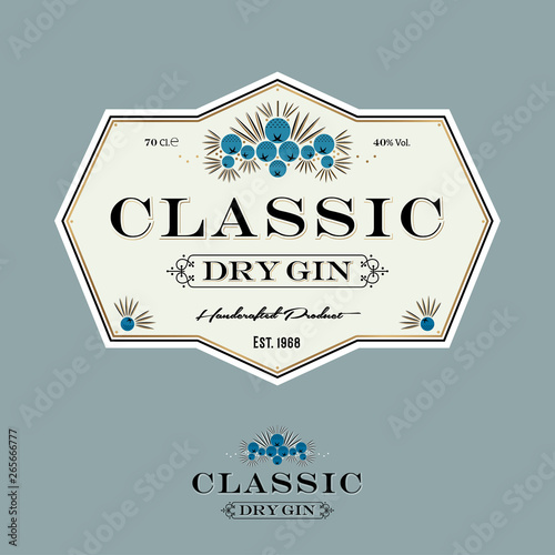Classic gin label. Juniper berries with leaves and letters. Geometrycal label for packaging. 