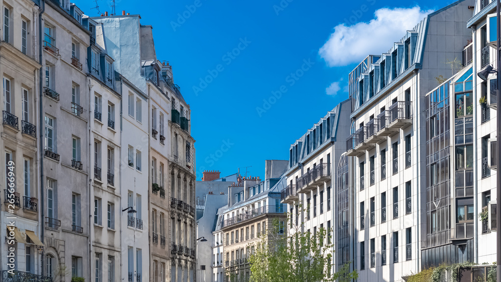 Paris, ancient and modern buildings, typical parisian facades near Chatelet 
