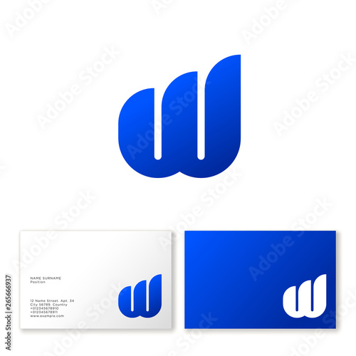 W letter. Web logo and business card. B blue  monogram, isolated on a white background. Monochrome option.