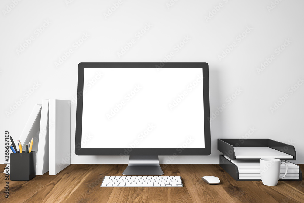 Fototapeta premium Mock up computer screen on wooden table