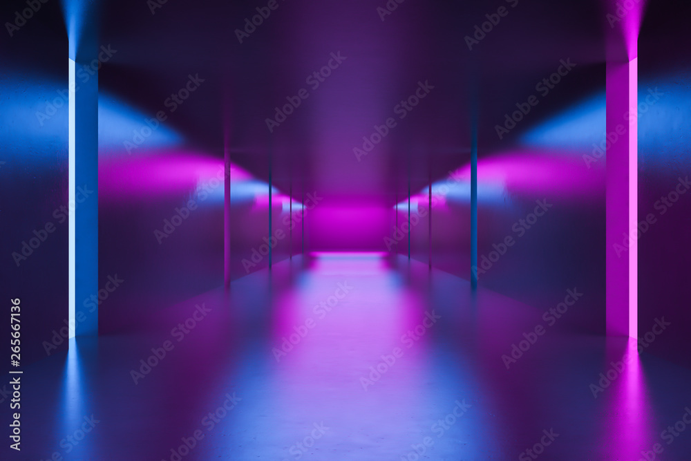 Empty corridor with blue and purple neon lights