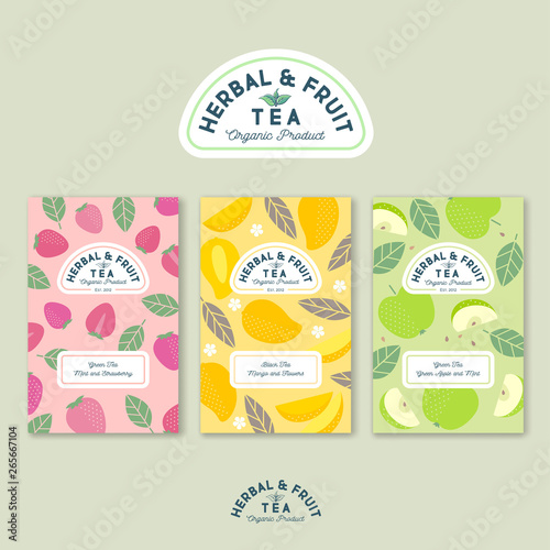 Herbal and fruit  tea logo. Tea label.  Fruit, berries, leaves and flowers backgrounds. letters. Logo and fruit patterns for packaging. 