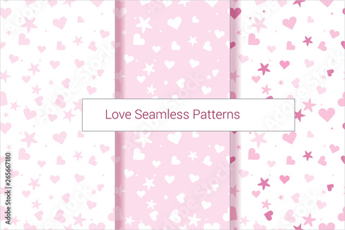 Seamless pattern background vector set with cute love hearts and stars. In pink and purple baby child colors. Endless romantic texture for textile printing, wrapping paper, gift paper, clothes, towels