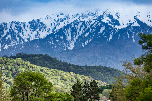landscape with green hills and snowy mountains, Almaty, Kazakhstan