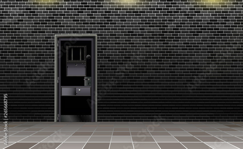 Trend european prison interior, dark background. Jail modern with metal door. Behind brick wall. Vector illustration for happy deprivation of freedom detailed design. Black banner, detention centre