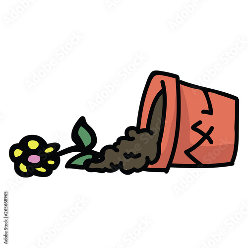 Cute broken terracotta pot with fallen flower cartoon vector illustration motif set. Hand drawn for domestic gardening blog icons. Botanical equipment graphics. Horticulture web buttons.