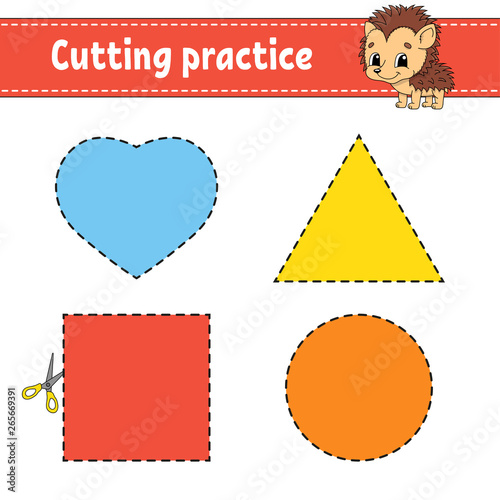 Cutting practice for kids. Education developing worksheet. Activity page with pictures. Game for children. Isolated vector illustration. Funny character. Cartoon style.