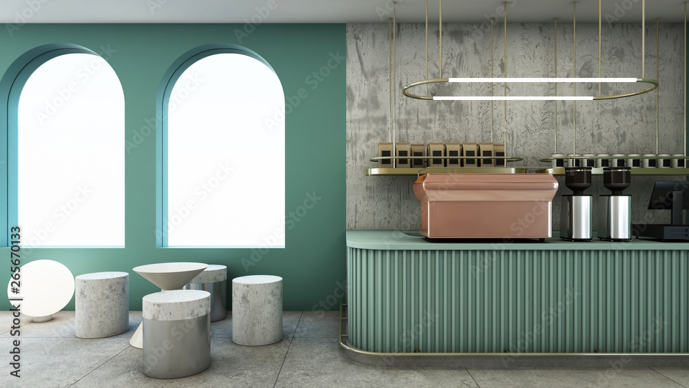 Cafe shop design Modern & Minimal Green counter,Gold metal light pendant,  Wall green pastel color,Wall concrete,Furniture waiting zone concrete,Floor  concrete - 3D render Stock Illustration | Adobe Stock