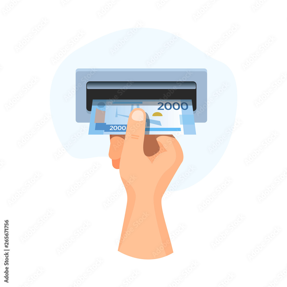 Hand insert in atm money 2000 rubles, banknote vector business illustration Hand insert in atm money 2000 rubles, banknote vector business illustration