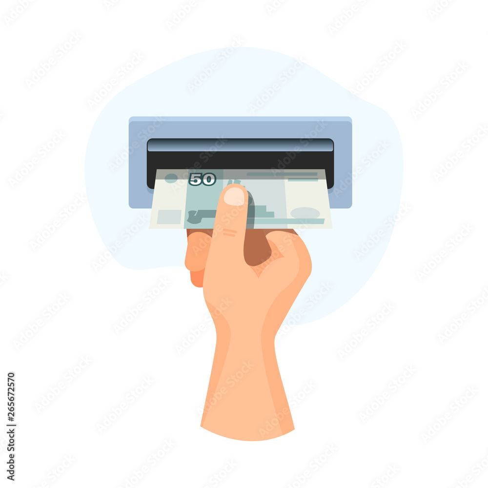 Hand insert in atm money 50 rubles, banknote vector business illustration Hand insert in atm money 50 rubles, banknote vector business illustration