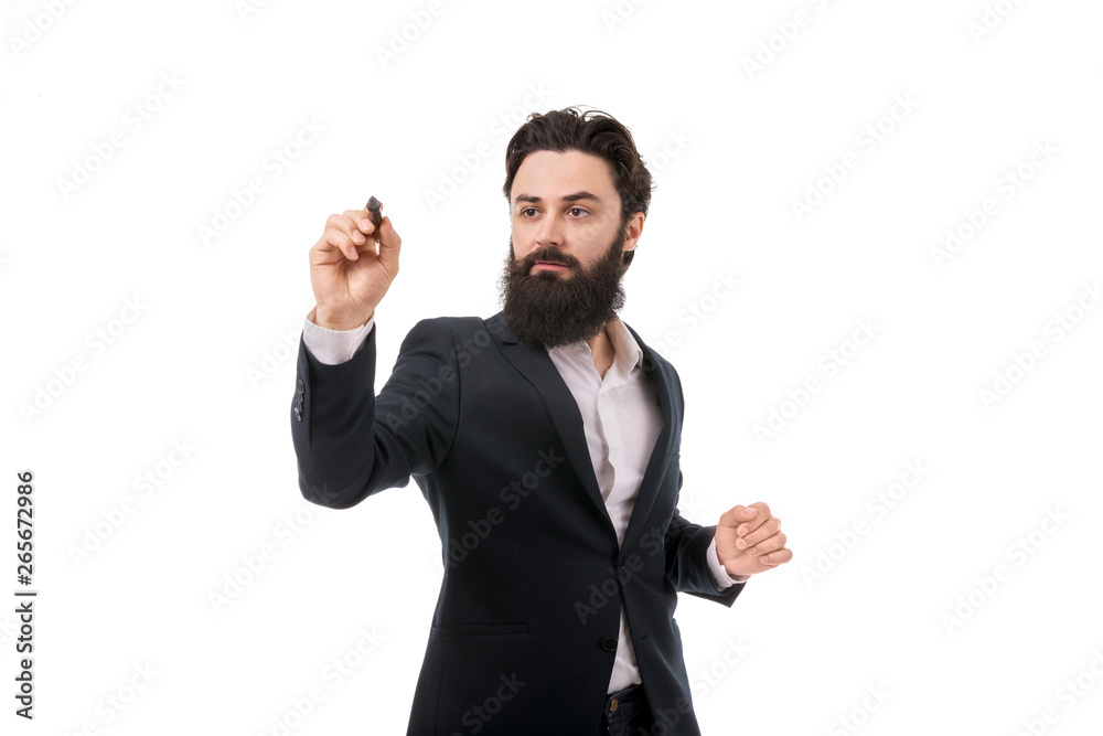 portrait of a bearded businessman writing, drawing on the screen, isolated on white background portrait of a bearded businessman writing, drawing on the screen, isolated on white background
